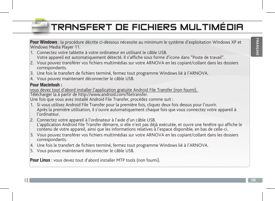 Transfert de fichiers multimédia | ARNOVA 7f G3 User Manual | Page 15 / 58
