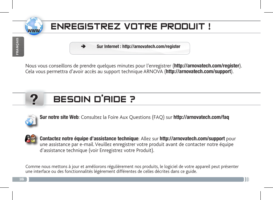Enregistrez votre produit, Besoin d’aide | ARNOVA 7f G3 User Manual | Page 16 / 58