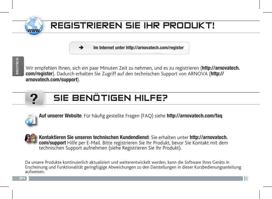 Registrieren sie ihr produkt, Sie benötigen hilfe | ARNOVA 7f G3 User Manual | Page 24 / 58