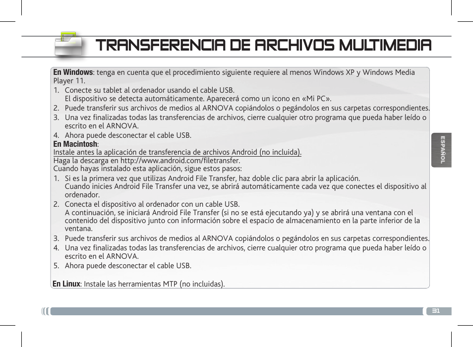 Transferencia de archivos multimedia | ARNOVA 7f G3 User Manual | Page 31 / 58
