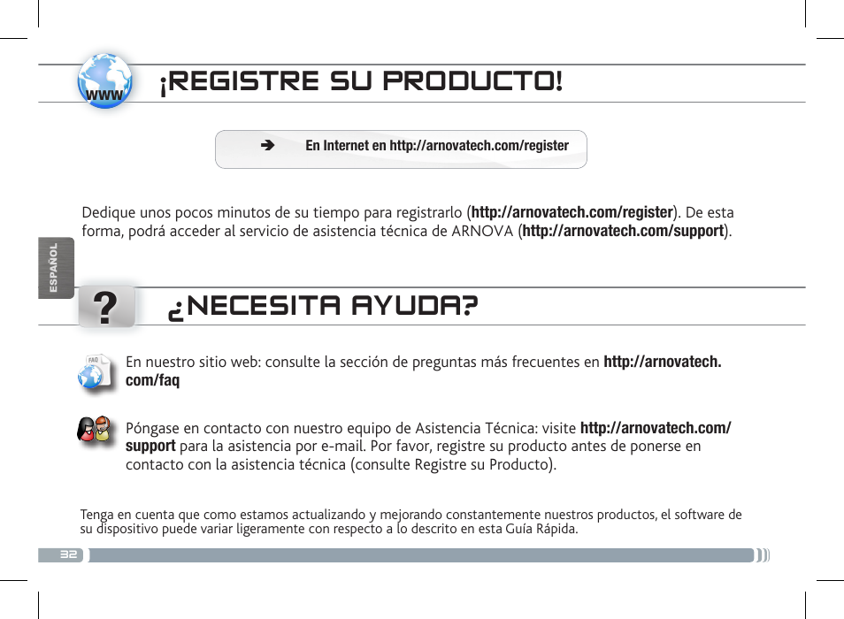 Registre su producto, Necesita ayuda | ARNOVA 7f G3 User Manual | Page 32 / 58