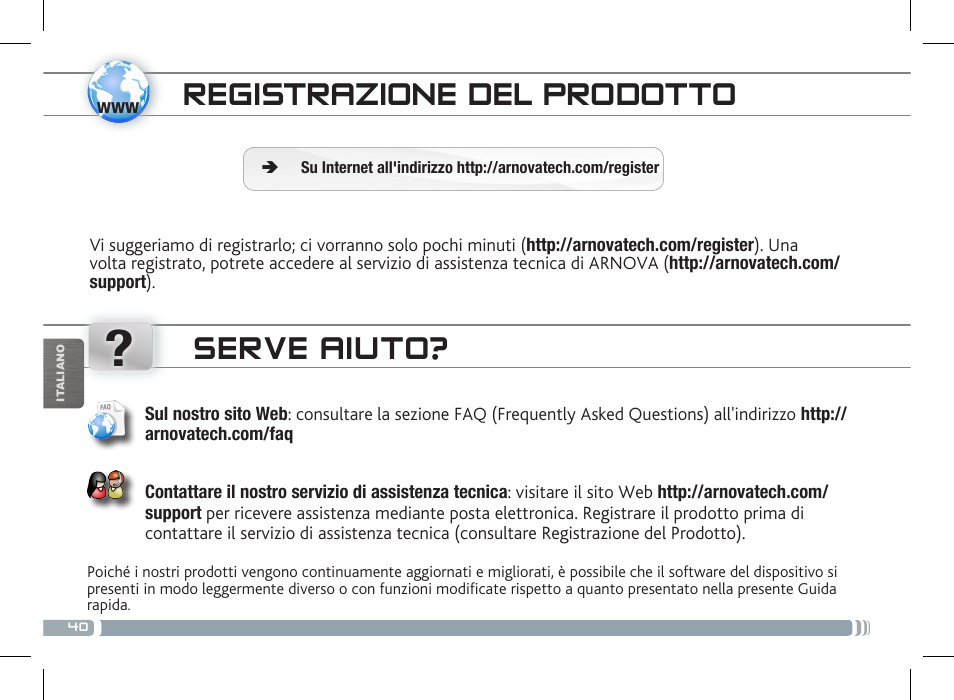 Registrazione del prodotto, Serve aiuto | ARNOVA 7f G3 User Manual | Page 40 / 58