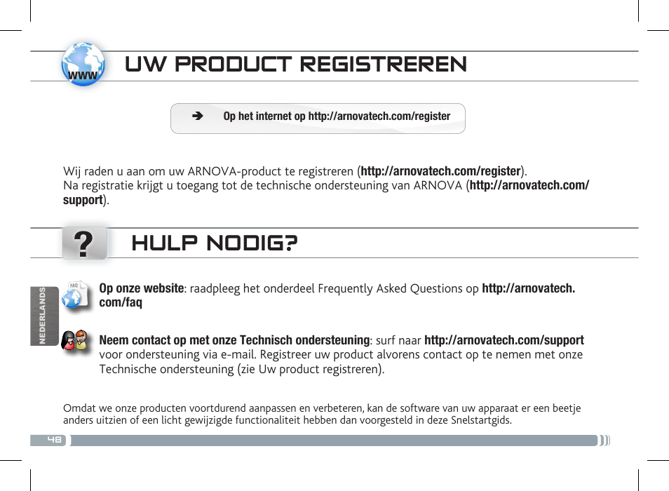 Uw product registreren, Hulp nodig | ARNOVA 7f G3 User Manual | Page 48 / 58