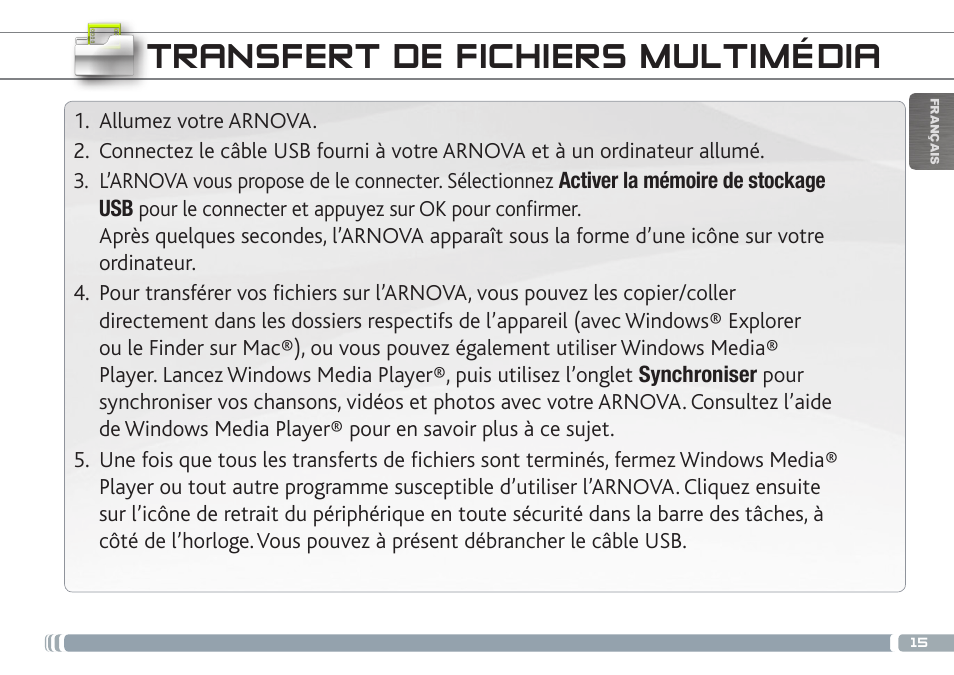 Transfert de fichiers multimédia | ARNOVA 7h G3 User Manual | Page 15 / 66