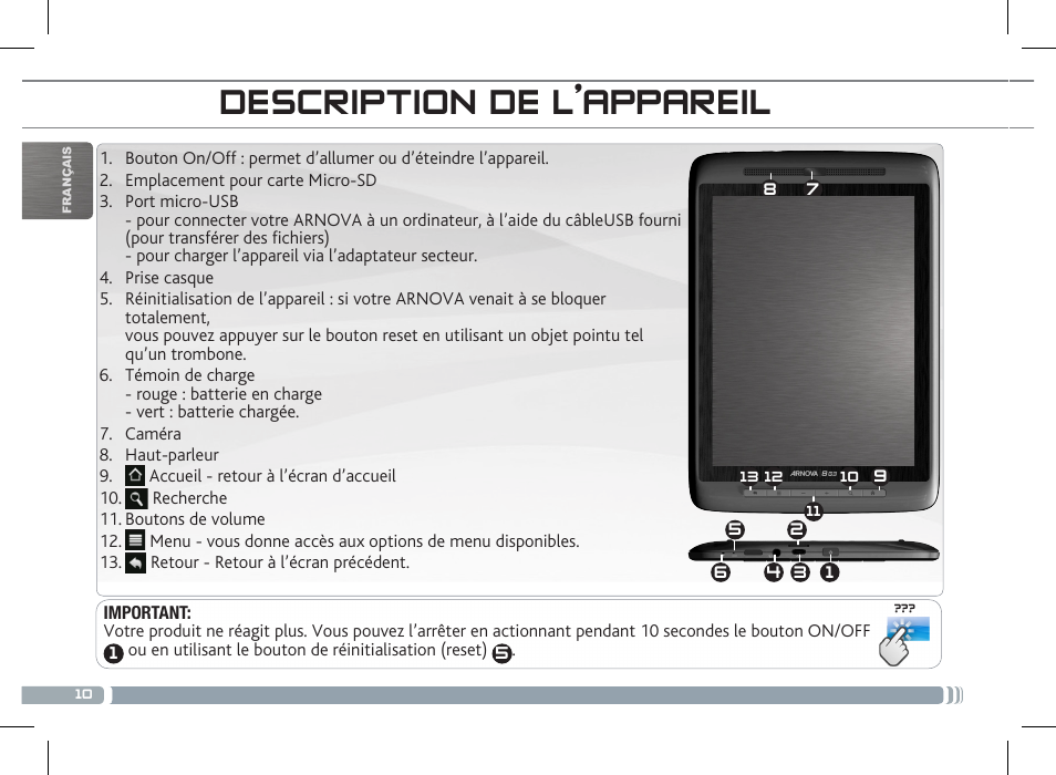 Description de l’appareil | ARNOVA 8 G3 User Manual | Page 10 / 58