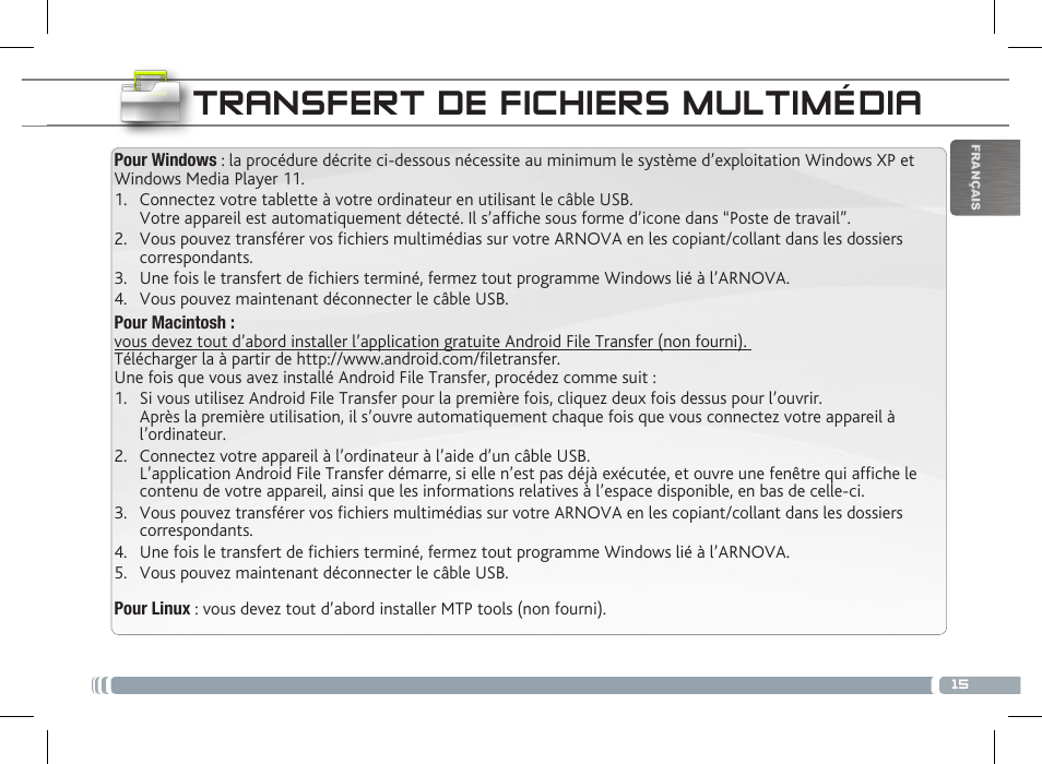 Transfert de fichiers multimédia | ARNOVA 8 G3 User Manual | Page 15 / 58