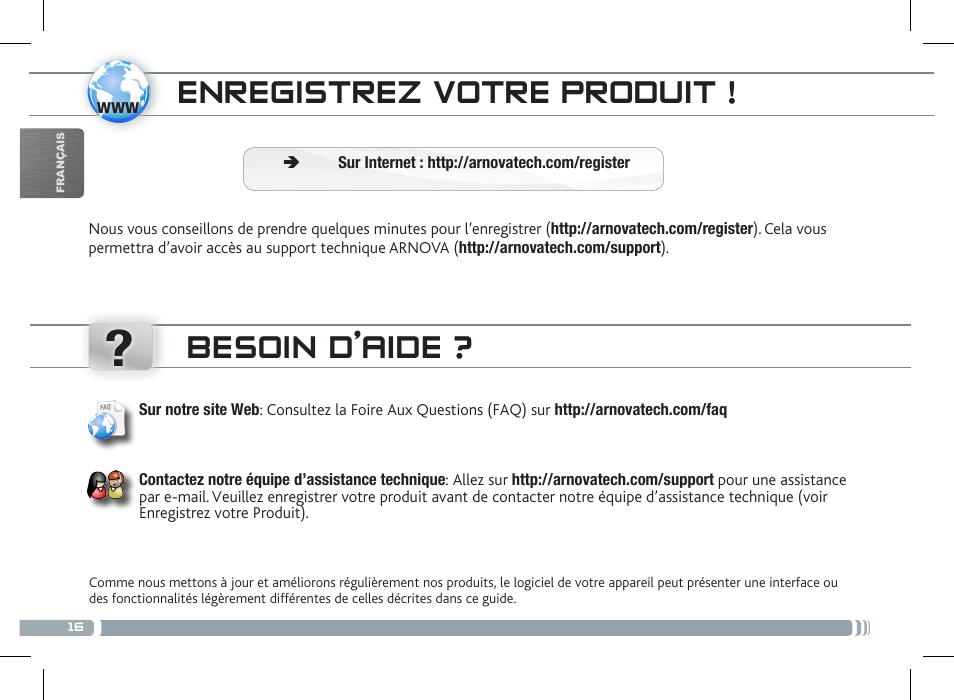 Enregistrez votre produit, Besoin d’aide | ARNOVA 8 G3 User Manual | Page 16 / 58