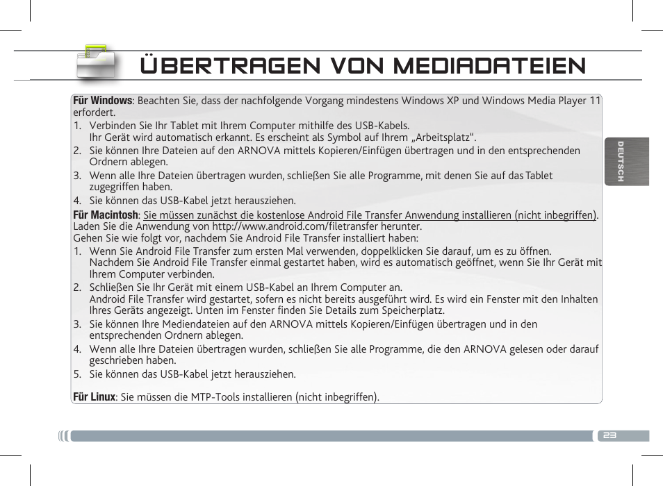 Übertragen von mediadateien | ARNOVA 8 G3 User Manual | Page 23 / 58