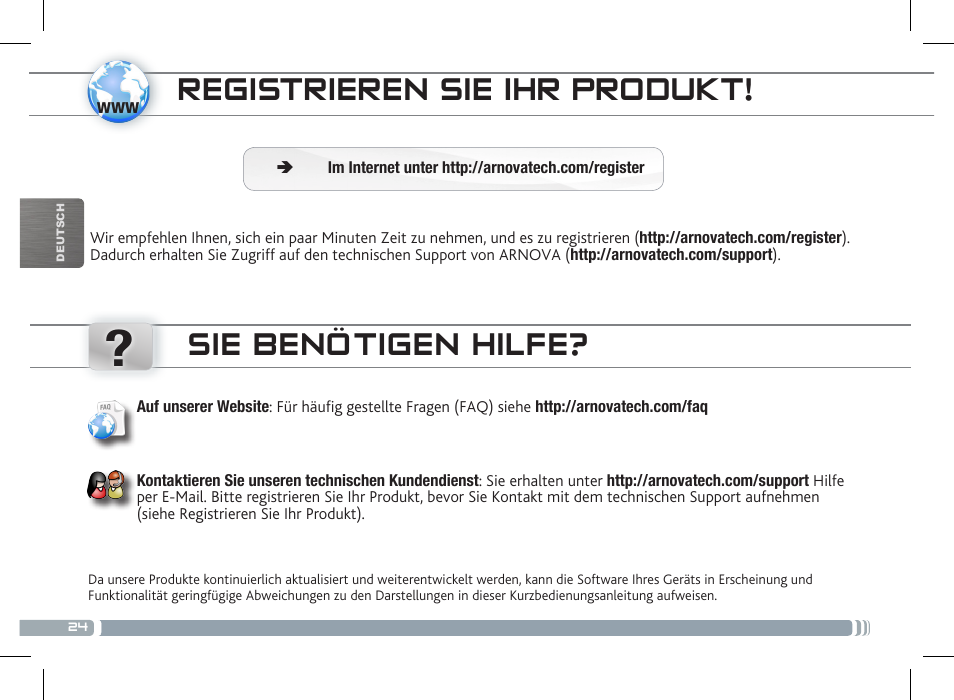Registrieren sie ihr produkt, Sie benötigen hilfe | ARNOVA 8 G3 User Manual | Page 24 / 58