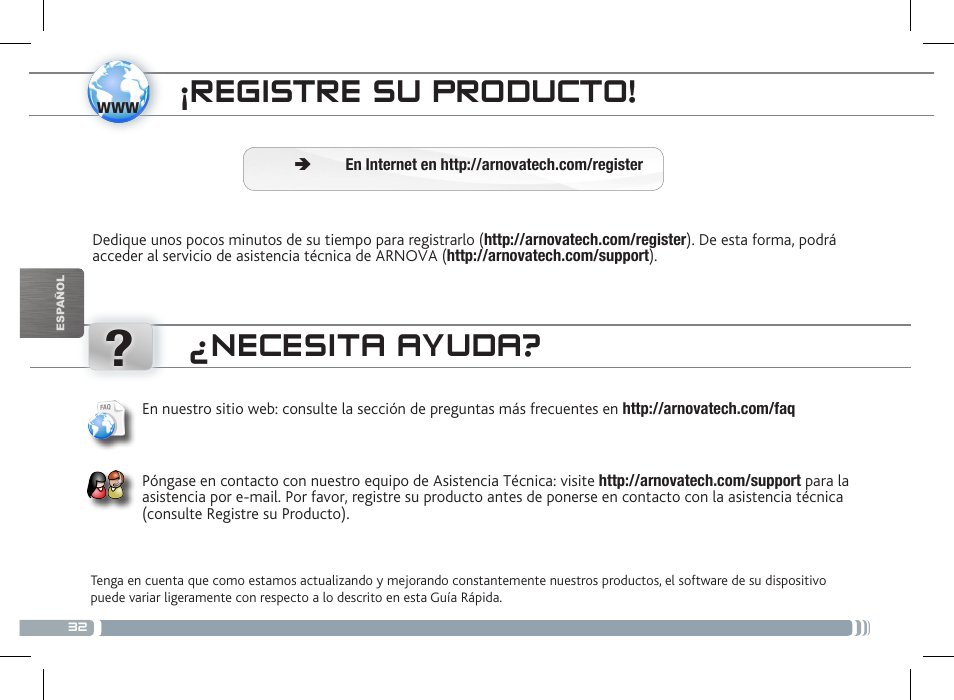 Registre su producto, Necesita ayuda | ARNOVA 8 G3 User Manual | Page 32 / 58