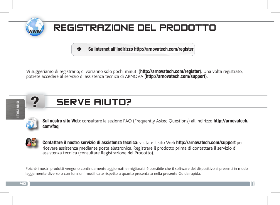 Registrazione del prodotto, Serve aiuto | ARNOVA 8 G3 User Manual | Page 40 / 58