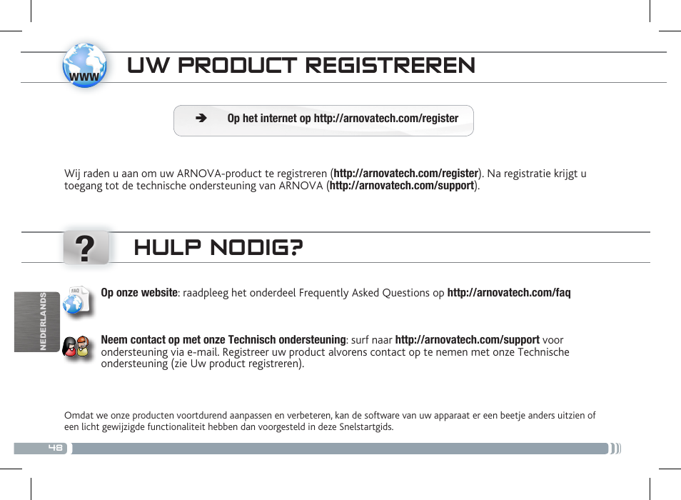 Uw product registreren, Hulp nodig | ARNOVA 8 G3 User Manual | Page 48 / 58