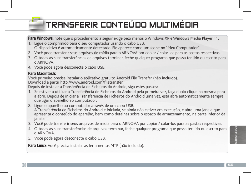 Transferir conteúdo multimédia | ARNOVA 8 G3 User Manual | Page 55 / 58
