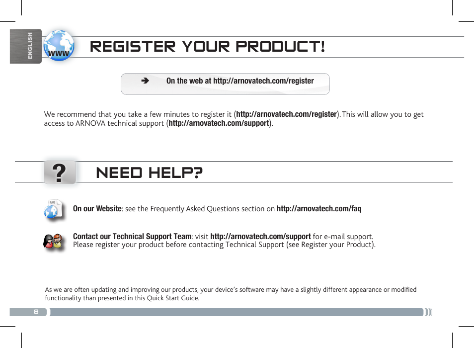 Need help, Register your product | ARNOVA 8 G3 User Manual | Page 8 / 58