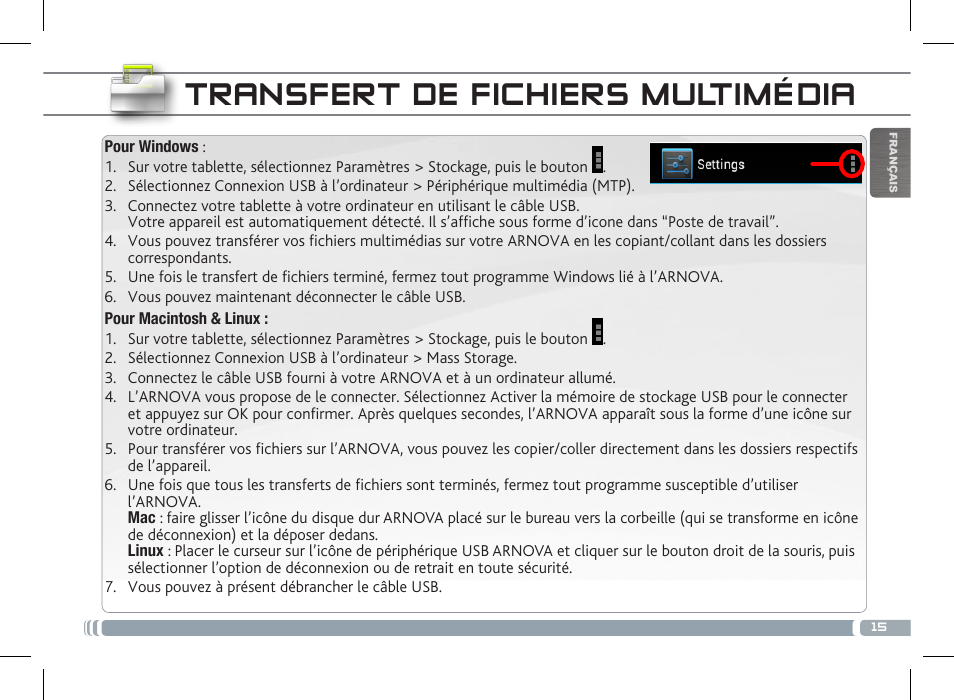 Transfert de fichiers multimédia | ARNOVA 8c G3 User Manual | Page 15 / 58
