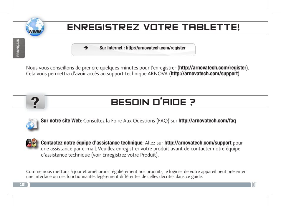 Enregistrez votre tablette, Besoin d’aide | ARNOVA 8c G3 User Manual | Page 16 / 58