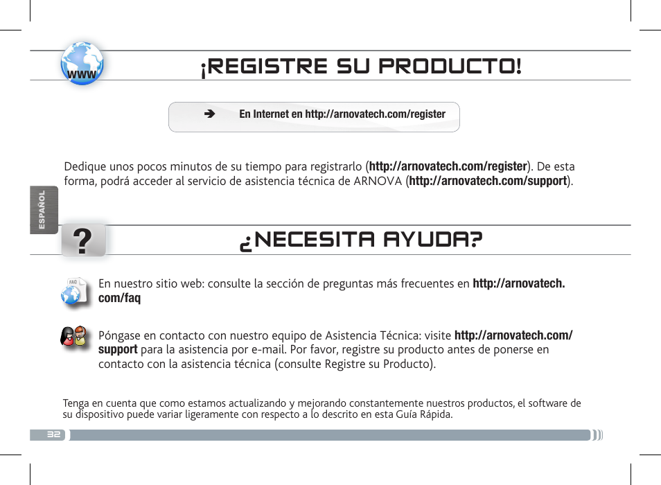 Registre su producto, Necesita ayuda | ARNOVA 8c G3 User Manual | Page 32 / 58