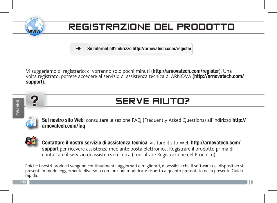 Registrazione del prodotto, Serve aiuto | ARNOVA 8c G3 User Manual | Page 40 / 58
