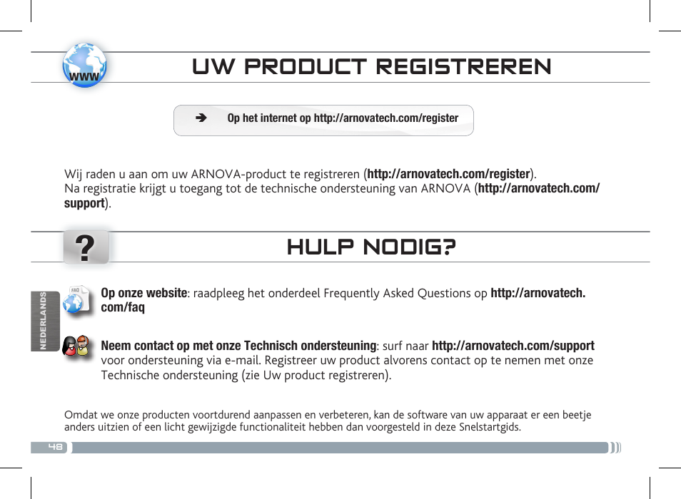 Uw product registreren, Hulp nodig | ARNOVA 8c G3 User Manual | Page 48 / 58