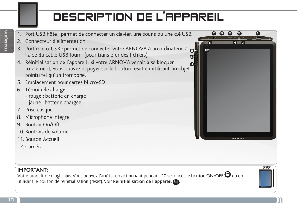 Description de l’appareil | ARNOVA 9 G3 User Manual | Page 10 / 58