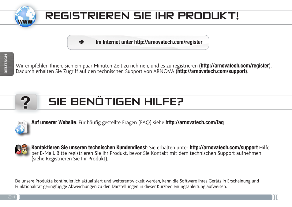 Registrieren sie ihr produkt, Sie benötigen hilfe | ARNOVA 9 G3 User Manual | Page 24 / 58