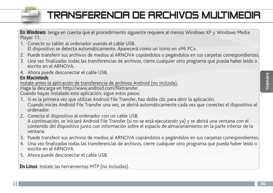 Transferencia de archivos multimedia | ARNOVA 9 G3 User Manual | Page 31 / 58