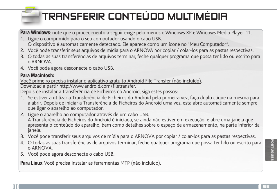 Transferir conteúdo multimédia | ARNOVA 9 G3 User Manual | Page 55 / 58