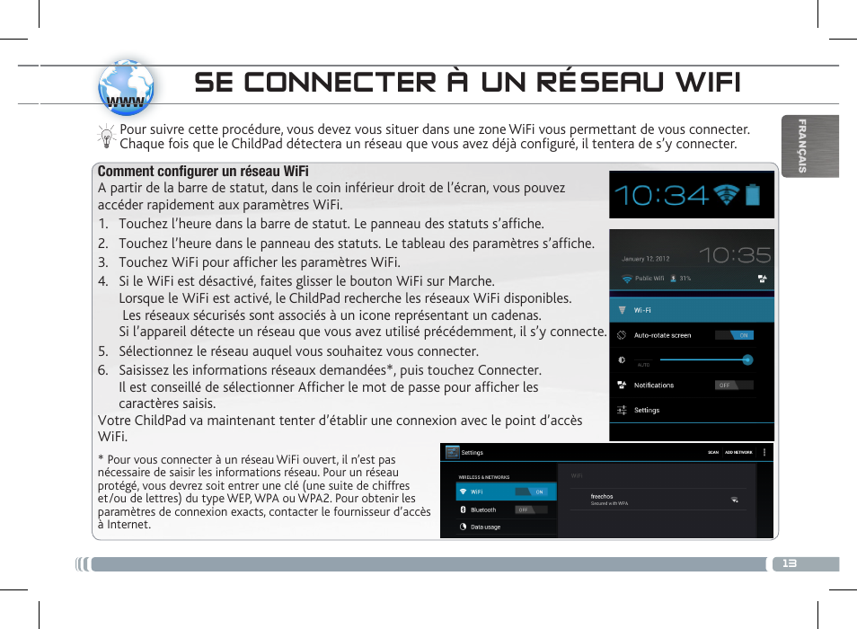 Se connecter à un réseau wifi, Description du childpad | ARNOVA ChildPadUser Guide User Manual | Page 13 / 71