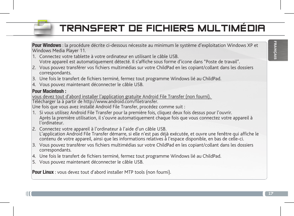Transfert de fichiers multimédia, Personnalisation du childpad | ARNOVA ChildPadUser Guide User Manual | Page 17 / 71