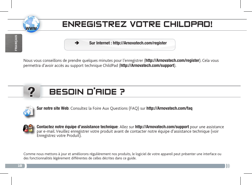 Contrôle parental enregistrez votre childpad, Besoin d’aide | ARNOVA ChildPadUser Guide User Manual | Page 18 / 71