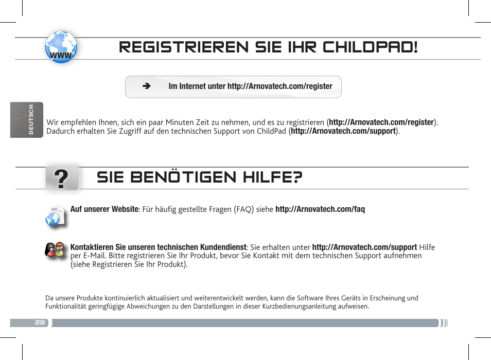 Elterliche kontrolle registrieren sie ihr childpad, Sie benötigen hilfe | ARNOVA ChildPadUser Guide User Manual | Page 28 / 71
