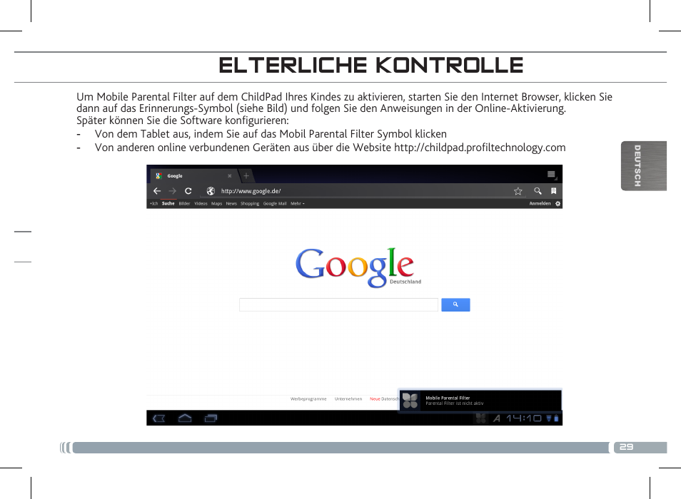 Elterliche kontrolle registrieren sie ihr childpad | ARNOVA ChildPadUser Guide User Manual | Page 29 / 71