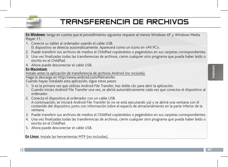 Transferencia de archivos, Personalización del childpad | ARNOVA ChildPadUser Guide User Manual | Page 37 / 71
