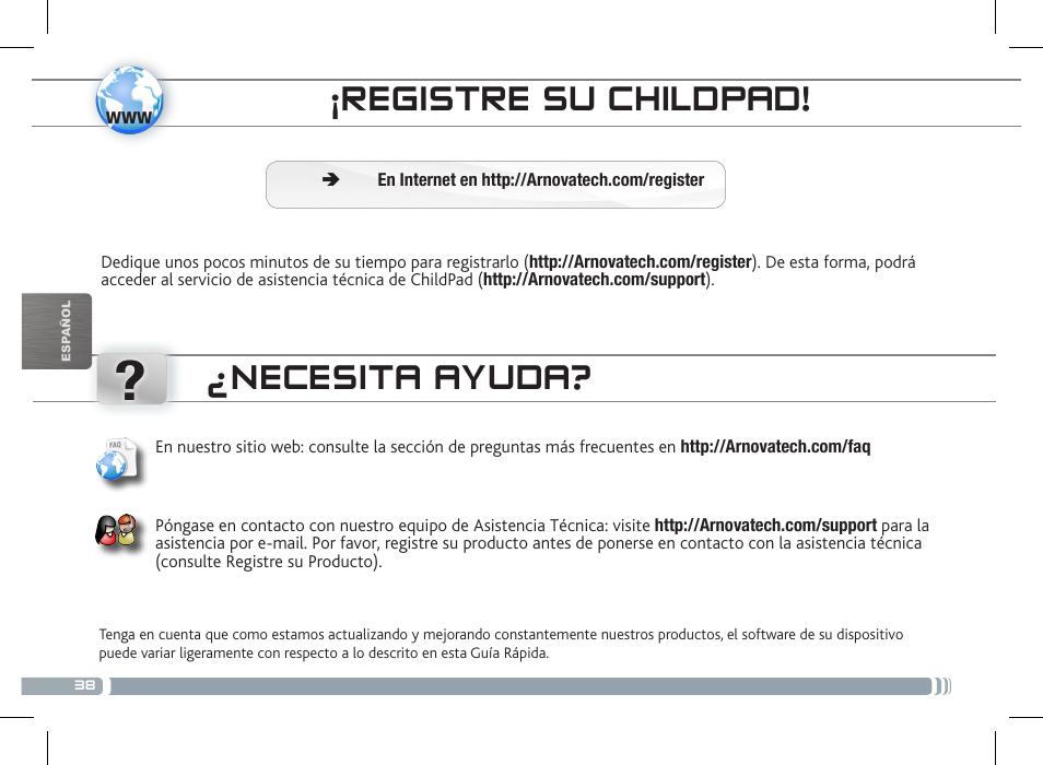 Control parental ¡registre su childpad, Necesita ayuda | ARNOVA ChildPadUser Guide User Manual | Page 38 / 71