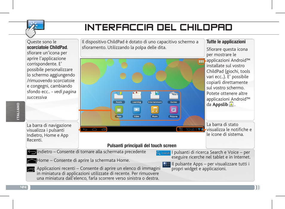 Interfaccia del childpad, Personalizza il childpad | ARNOVA ChildPadUser Guide User Manual | Page 44 / 71