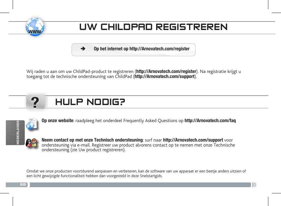 Ouderlijke controle uw childpad registreren, Hulp nodig | ARNOVA ChildPadUser Guide User Manual | Page 58 / 71