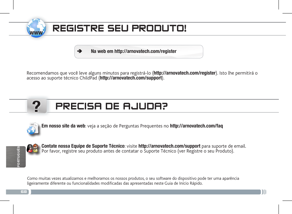 Registre seu produto, Precisa de ajuda, O controlo parental | ARNOVA ChildPadUser Guide User Manual | Page 68 / 71