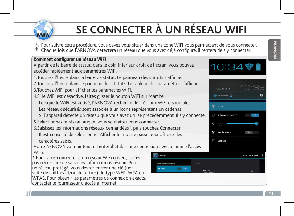 Se connecter à un réseau wifi, Description de l’appareil | ARNOVA FamilyPad User Manual | Page 11 / 66
