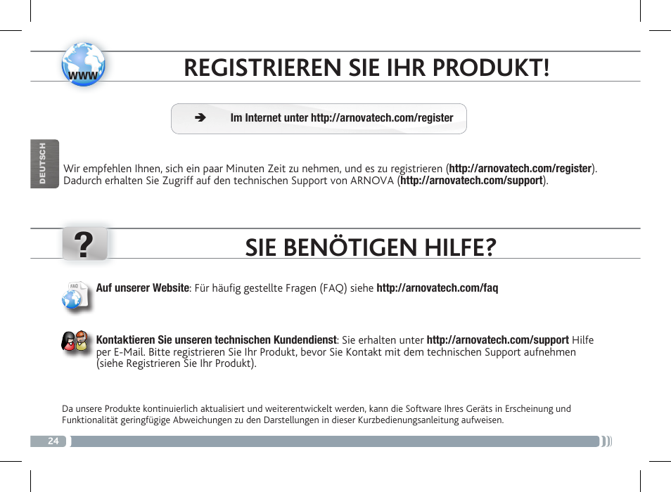 Registrieren sie ihr produkt, Sie benötigen hilfe | ARNOVA FamilyPad User Manual | Page 24 / 66