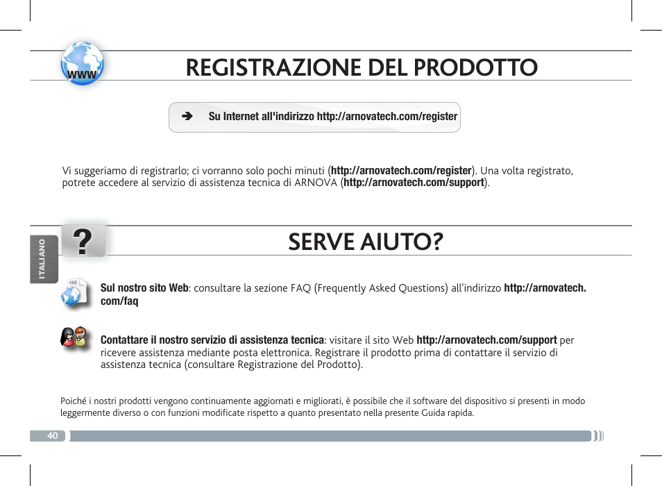 Registrazione del prodotto, Serve aiuto | ARNOVA FamilyPad User Manual | Page 40 / 66