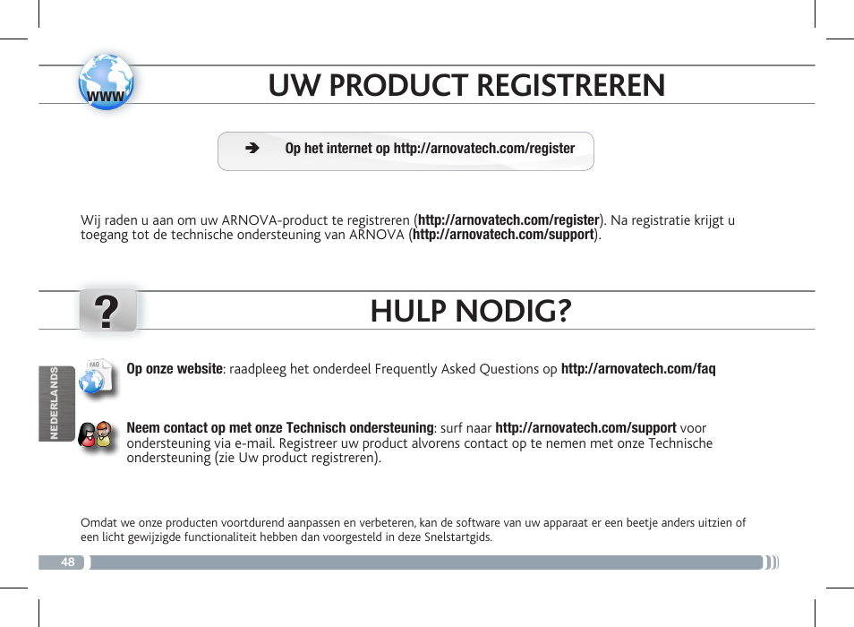 Uw product registreren, Hulp nodig | ARNOVA FamilyPad User Manual | Page 48 / 66