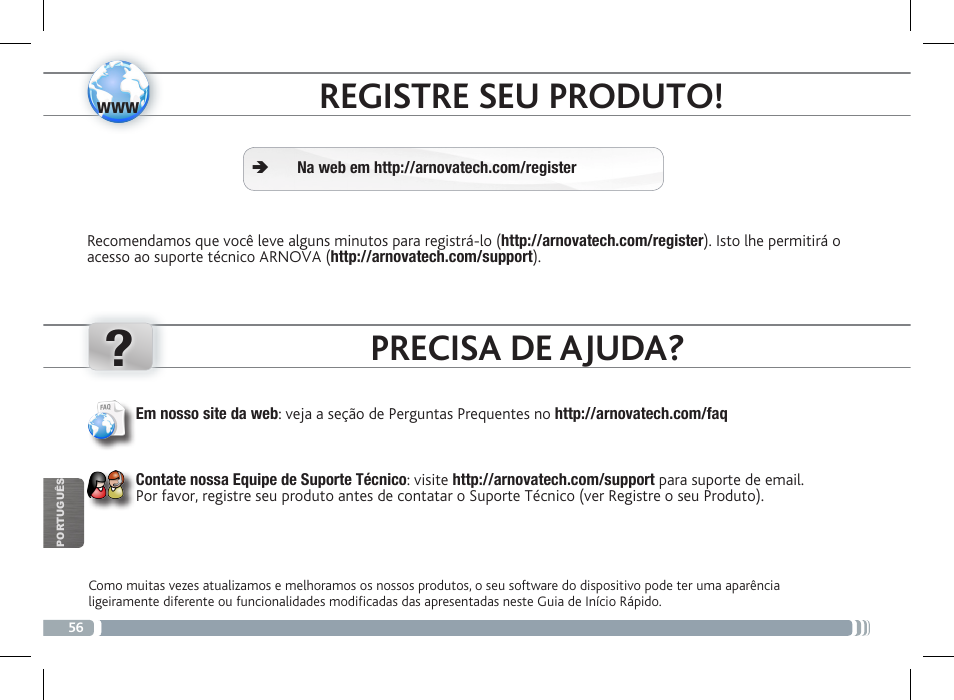 Registre seu produto, Precisa de ajuda, Включение | ARNOVA FamilyPad User Manual | Page 56 / 66