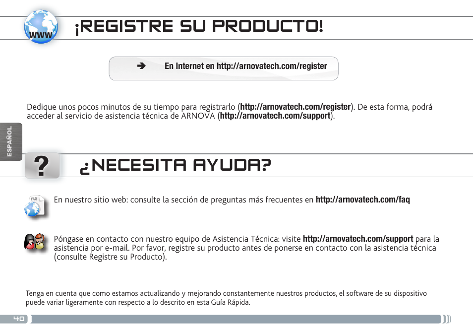 Registre su producto, Necesita ayuda | ARNOVA GBOOK User Manual | Page 40 / 82