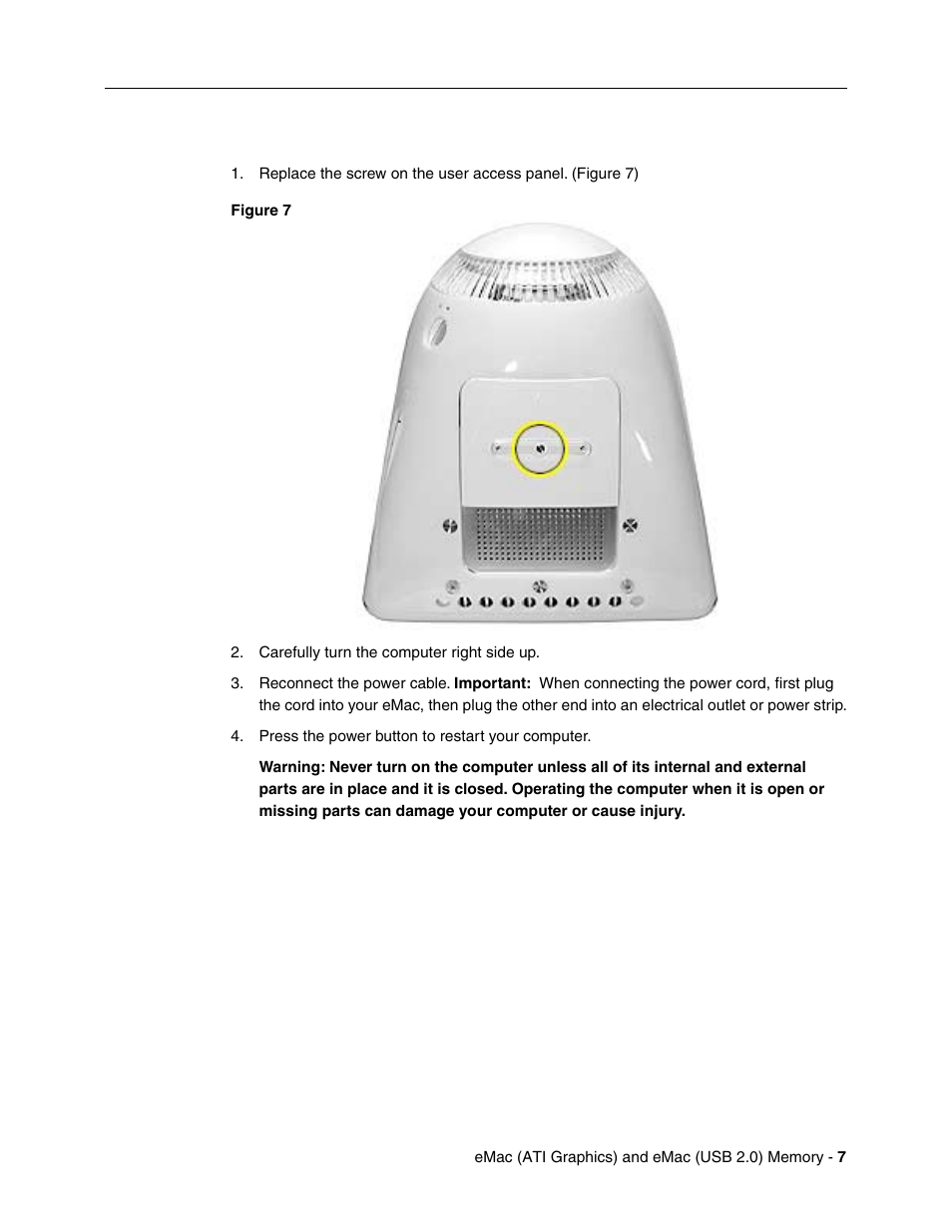Closing the user access door | Apple eMac ATI Graphics (Memory Replacement) User Manual | Page 7 / 8