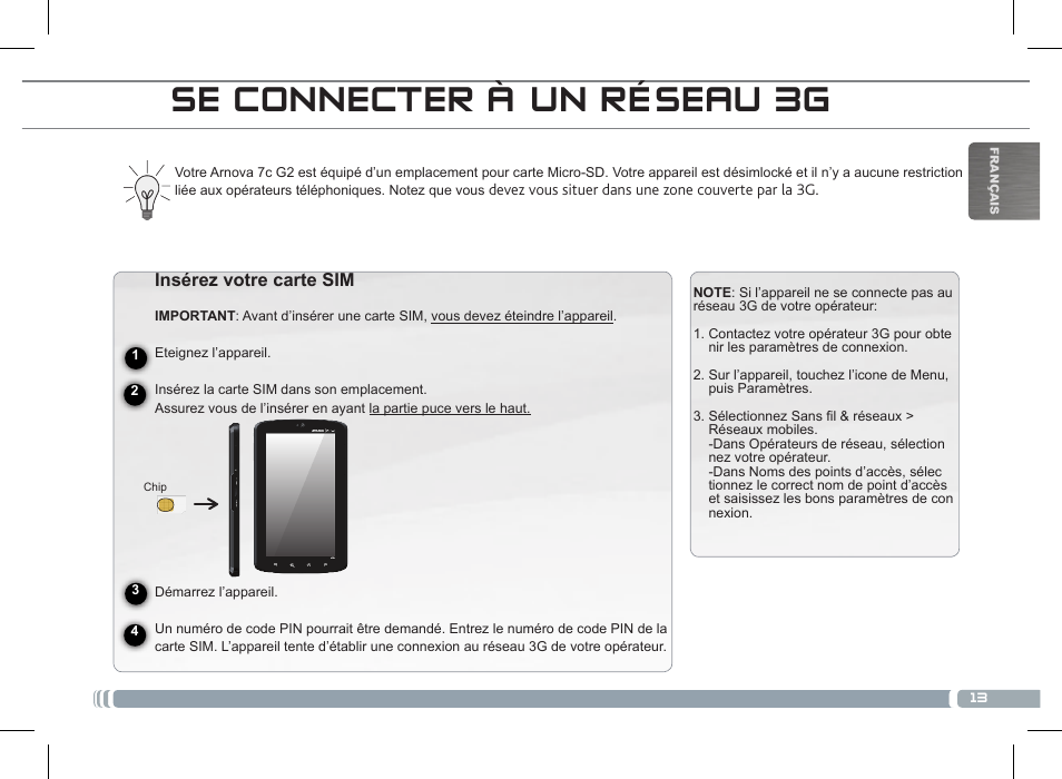 Se connecter à un réseau 3g | ARNOVA 7c G2 User Manual | Page 13 / 57