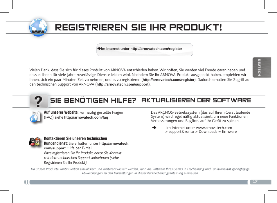 Registrieren sie ihr produkt, Sie benötigen hilfe, Aktualisieren der software | ARNOVA 7c G2 User Manual | Page 17 / 57