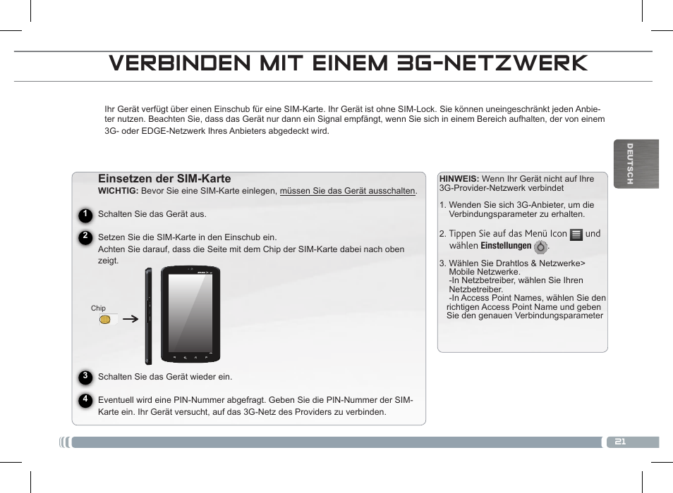 Verbinden mit einem 3g-netzwerk | ARNOVA 7c G2 User Manual | Page 21 / 57