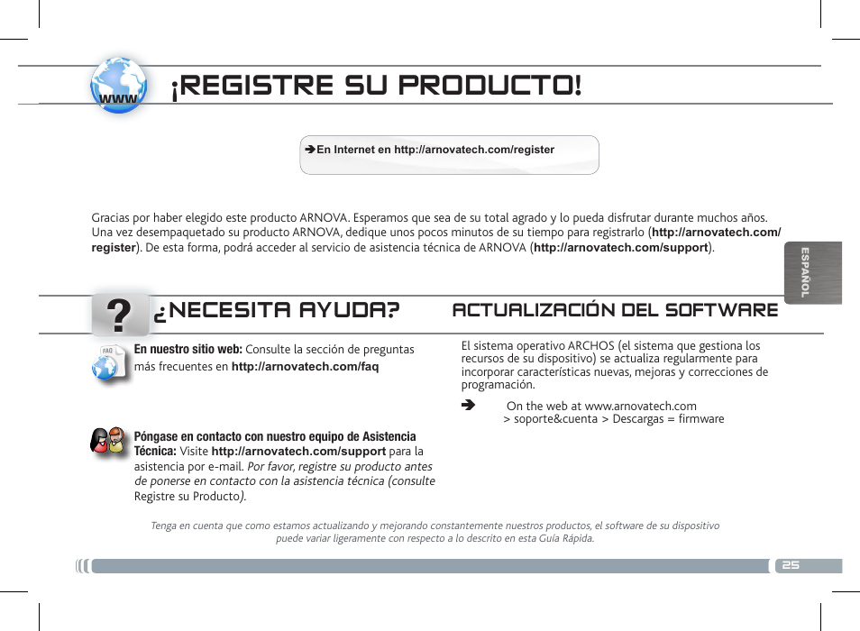 Übertragen von mediadateien, Registre su producto, Necesita ayuda | Actualización del software | ARNOVA 7c G2 User Manual | Page 25 / 57