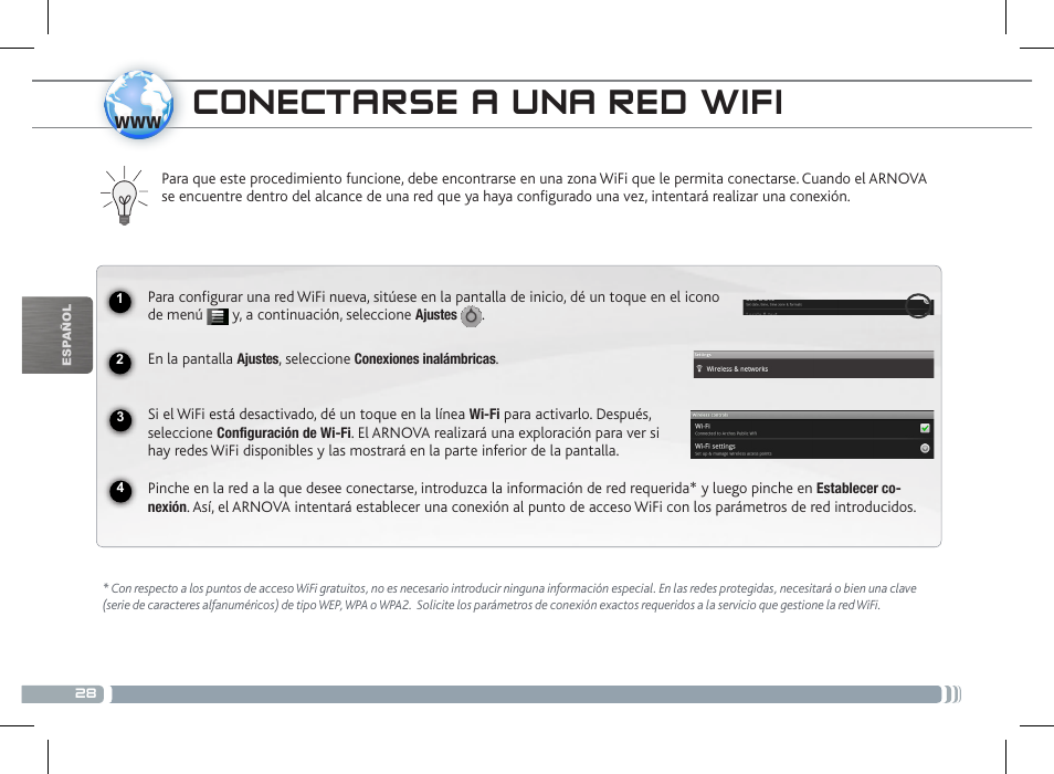 Conectarse a una red wifi, Conectarse a una red 3g | ARNOVA 7c G2 User Manual | Page 28 / 57