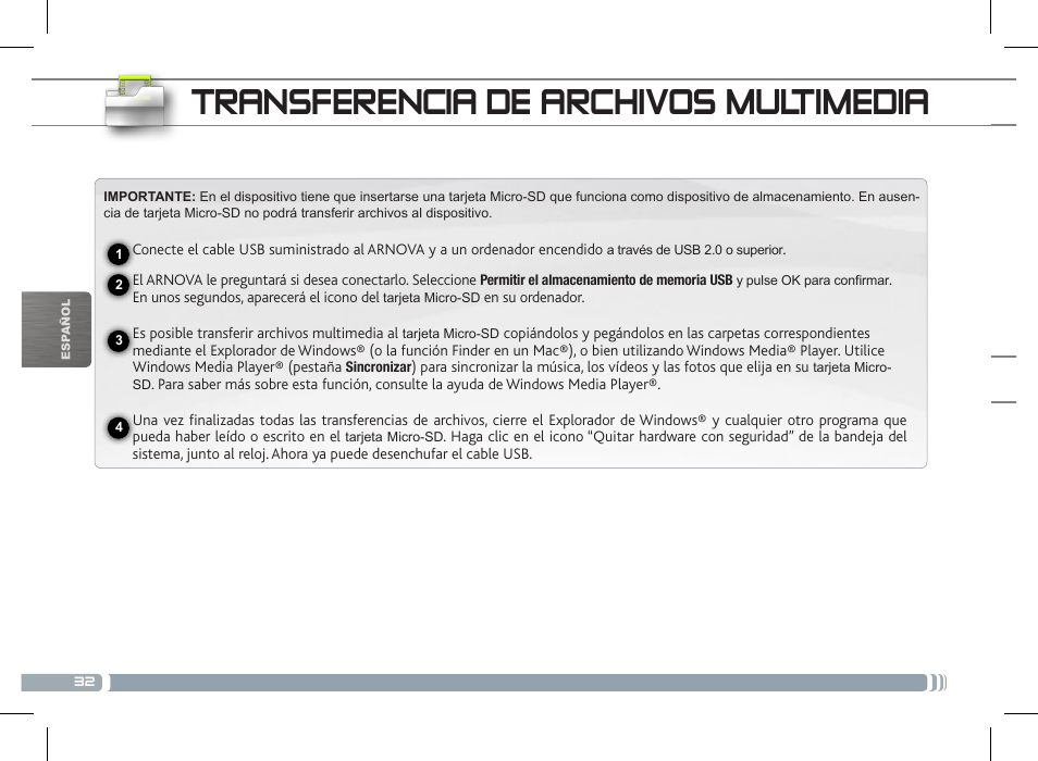 Transferencia de archivos multimedia | ARNOVA 7c G2 User Manual | Page 32 / 57